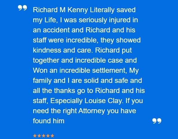 El abogado de lesiones personales de la ciudad de Nueva York, Richard M. Kenny, recibe una crítica entusiasta sobre Birdseye de un cliente feliz con respecto a los servicios de la firma